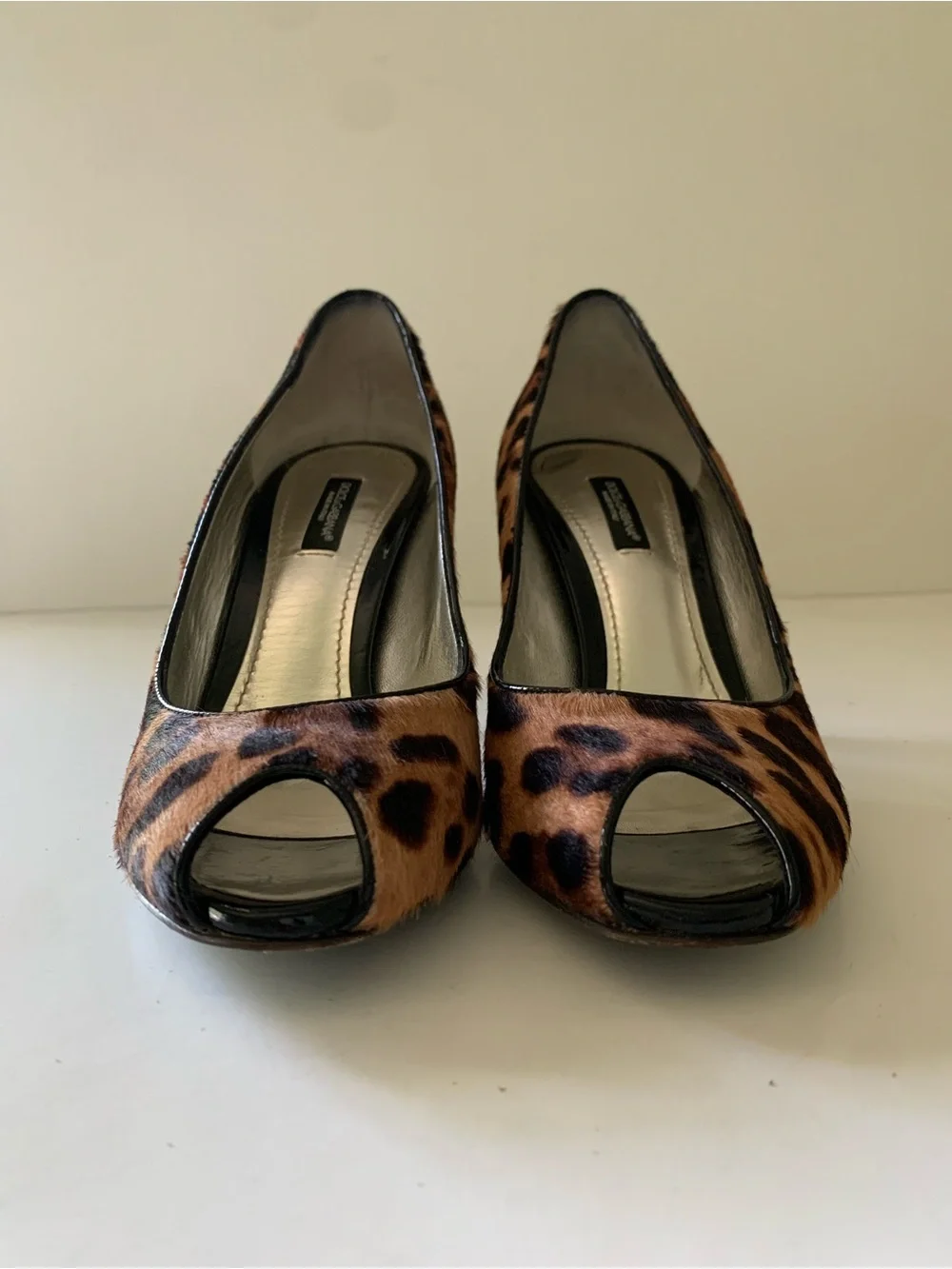 Dolce & Gabbana Calf Hair Leopard Print Peep-Toe Heels, Brown Tan Black, 36.5